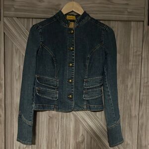 VTG Women's fitted denim majorette-style jacket in dark wash with brass buttons